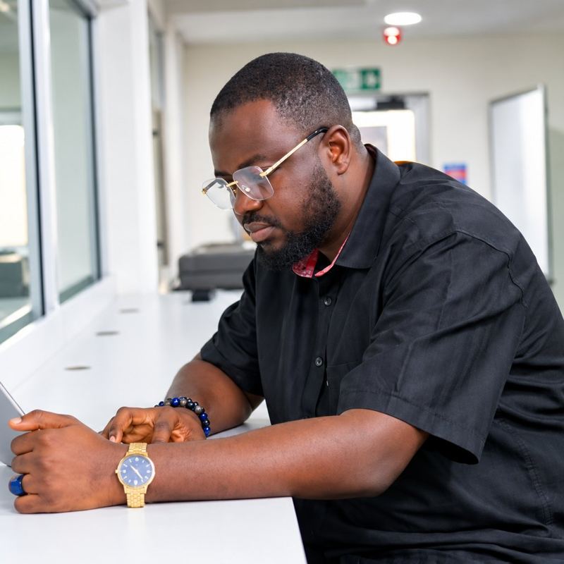 A man in glasses reviewing documents at an office desk